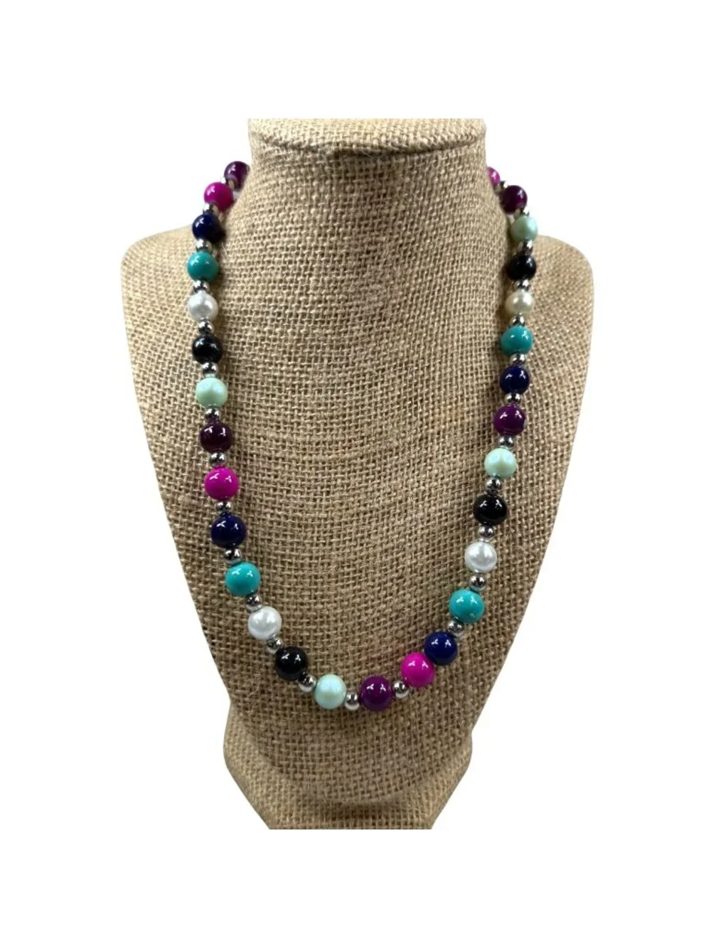 Multicolor Beaded Necklace Glossy Finish & Silver Accents 20 Inches Spring Clasp